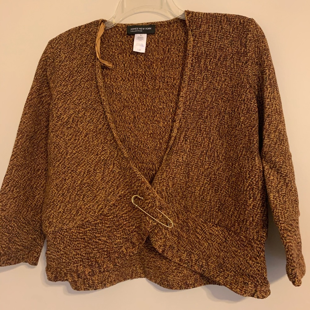 Open front sweater with pin detail